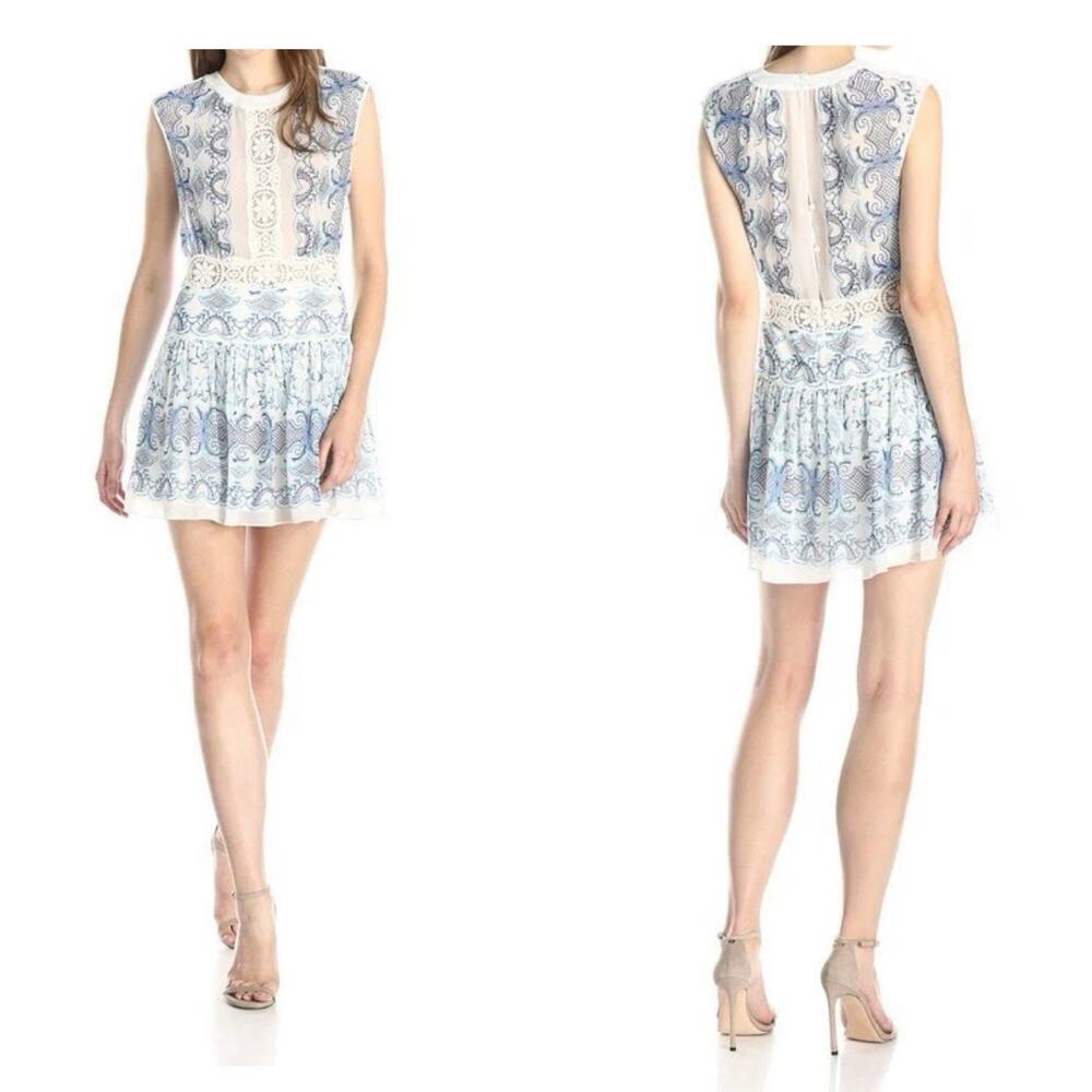 BCBGMAXAZRIA AYMELINE MIXED PRINT DRESS GARDENIA COMBO